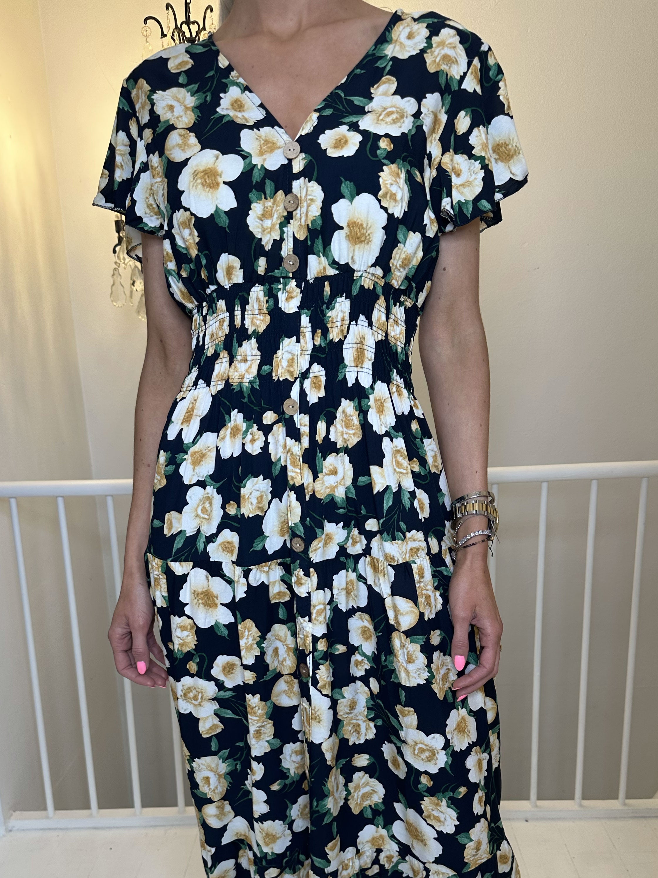 Summer Big Flower - Lang kjole med blomsterprint og flæser